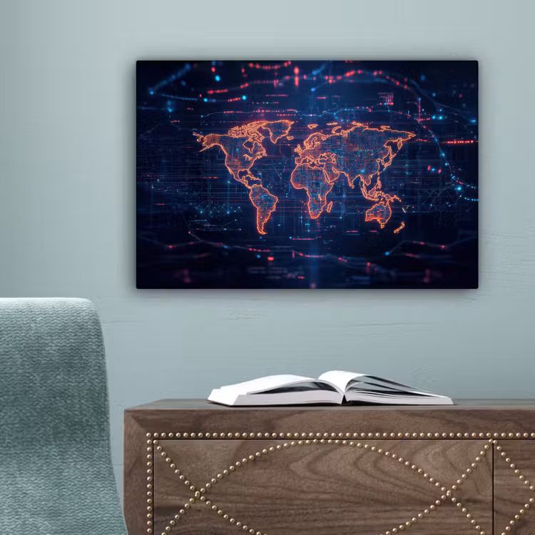 Wereldkaart - Futuristisch - Oranje canvas 2cm klein -sfeer4
