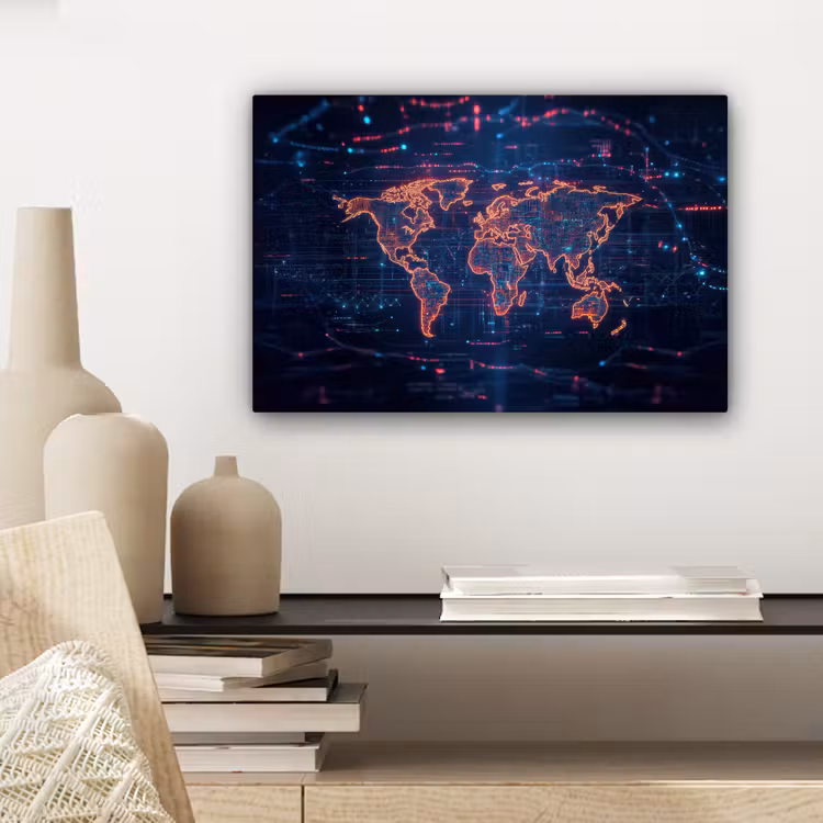 Wereldkaart - Futuristisch - Oranje canvas 2cm klein -sfeer6