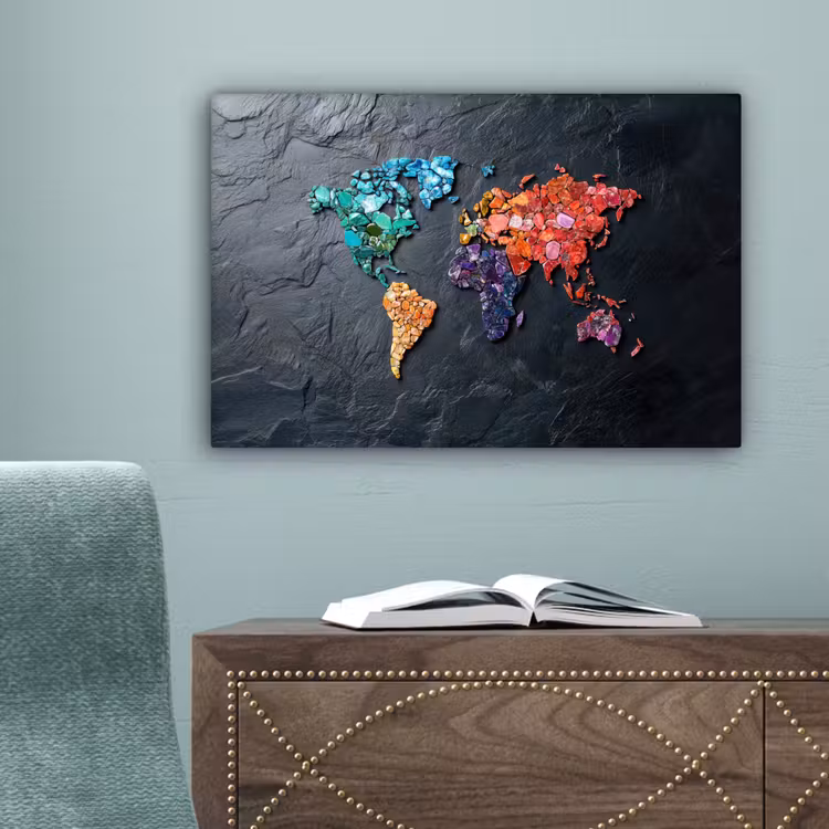 Wereldkaart - Edelstenen - Regenboog - Ruw canvas 2cm klein -sfeer4