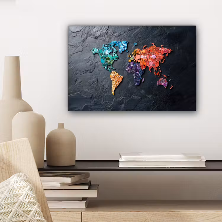 Wereldkaart - Edelstenen - Regenboog - Ruw canvas 2cm klein -sfeer6