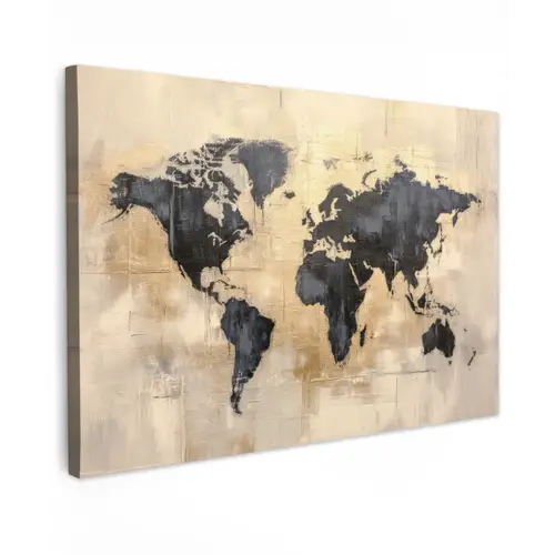 Wereldkaart - Goud - Zwart - Abstract canvas 2cm klein -z3d