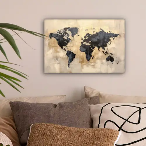 Wereldkaart - Goud - Zwart - Abstract canvas 2cm klein -sfeer1