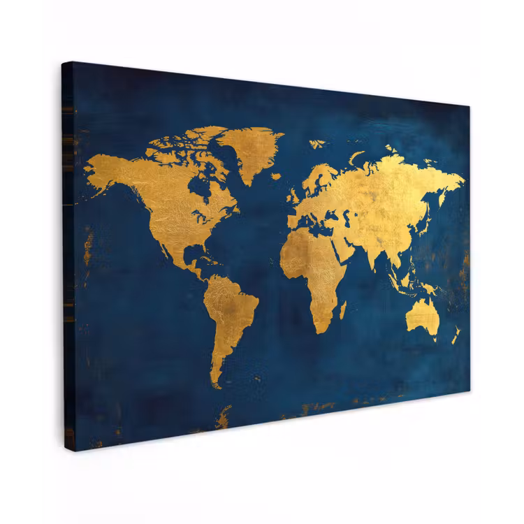 Wereldkaart - Goud - Donkerblauw canvas 2cm klein -z3d