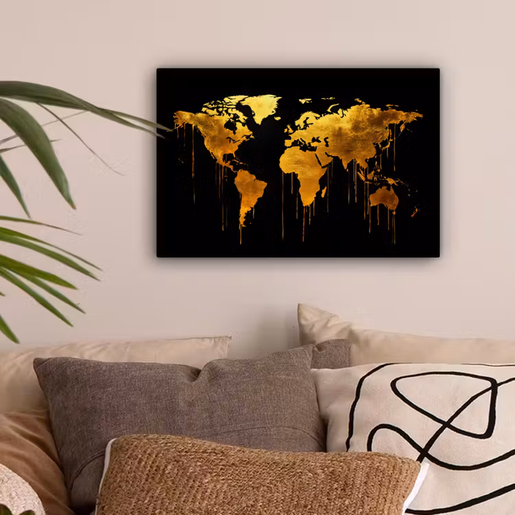 Wereldkaart - Goud - Druipen - Zwart canvas 2cm klein -sfeer1