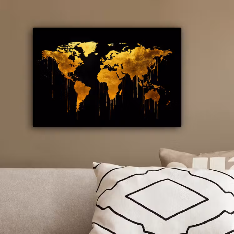 Wereldkaart - Goud - Druipen - Zwart canvas 2cm klein -sfeer3