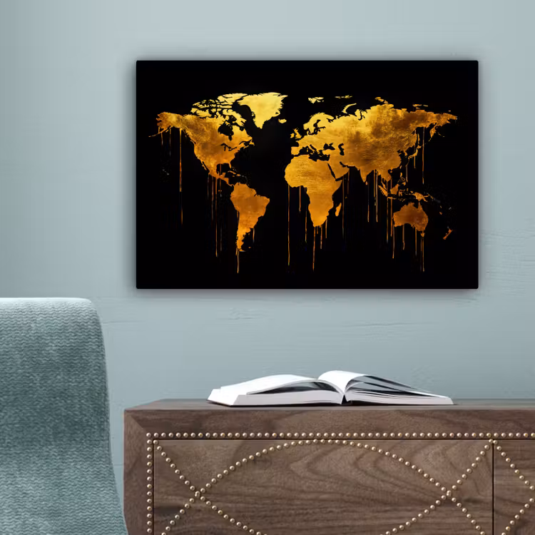 Wereldkaart - Goud - Druipen - Zwart canvas 2cm klein -sfeer4