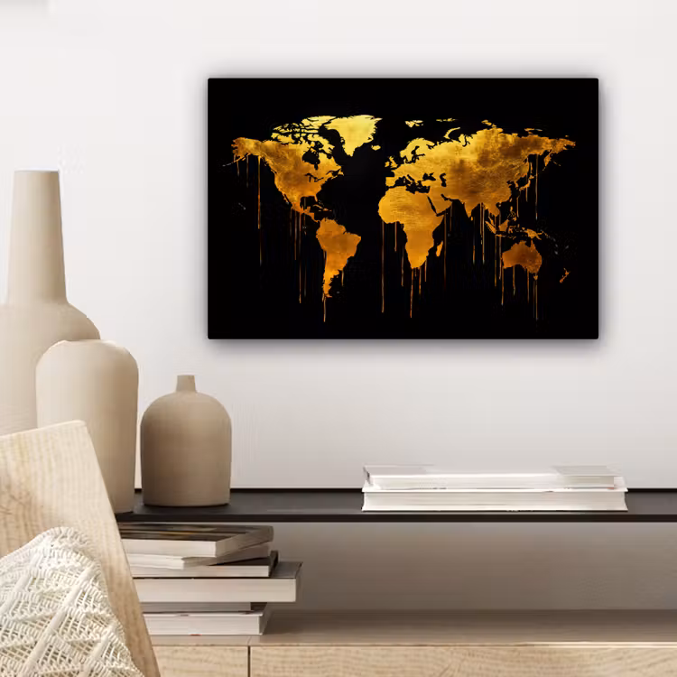 Wereldkaart - Goud - Druipen - Zwart canvas 2cm klein -sfeer6