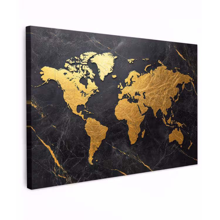 Wereldkaart - Goud - Marmer canvas 2cm klein -z3d
