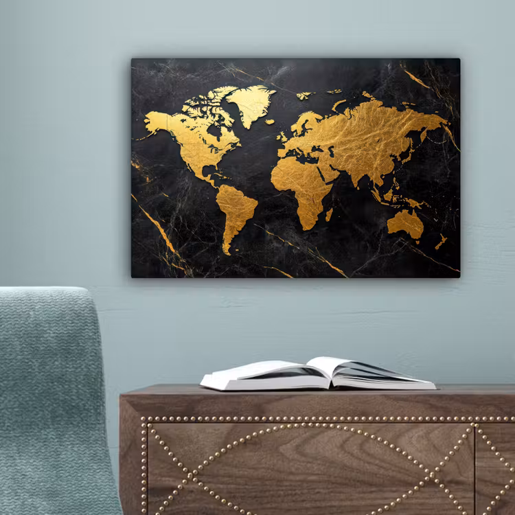 Wereldkaart - Goud - Marmer canvas 2cm klein -sfeer4