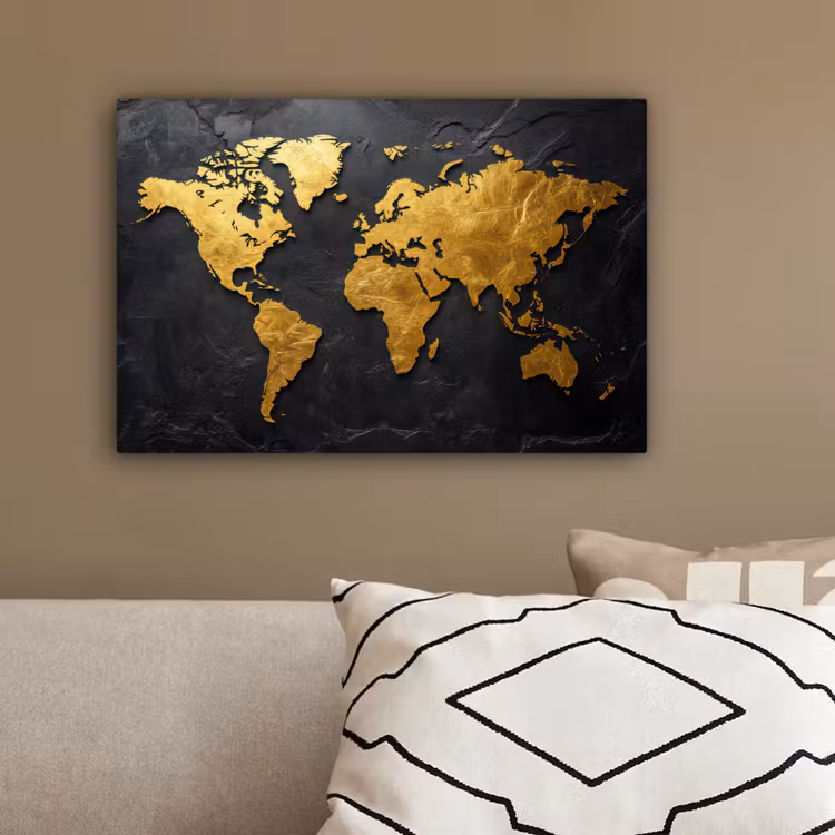Wereldkaart - Goud - Steen canvas 2cm klein -sfeer3