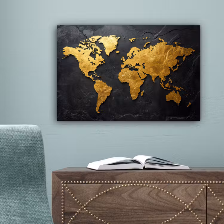 Wereldkaart - Goud - Steen canvas 2cm klein -sfeer4
