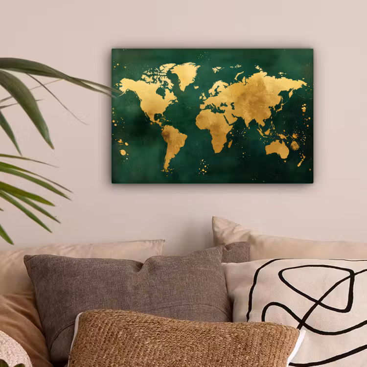 Wereldkaart - Groen - Goud canvas 2cm klein -sfeer1