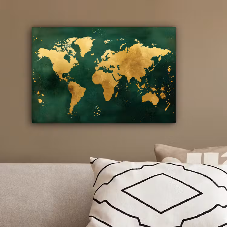 Wereldkaart - Groen - Goud canvas 2cm klein -sfeer3