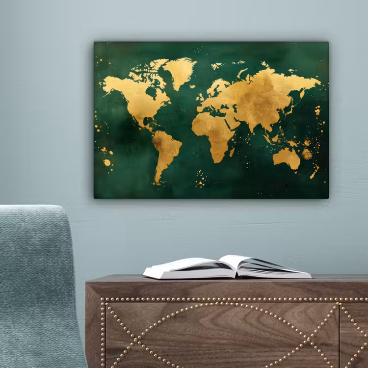 Wereldkaart - Groen - Goud canvas 2cm klein -sfeer4