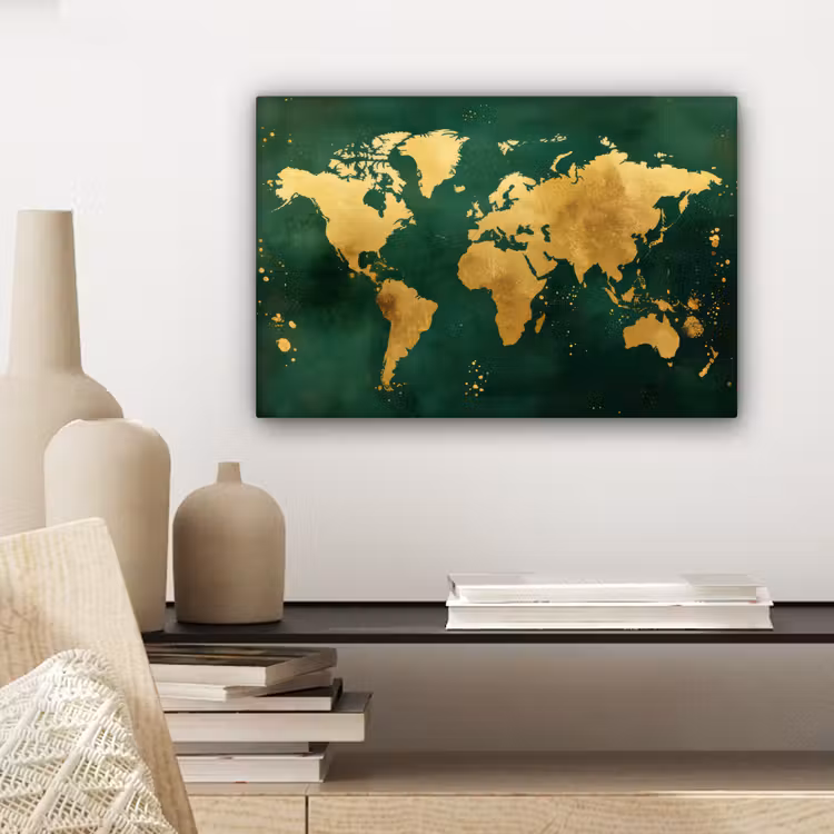 Wereldkaart - Groen - Goud canvas 2cm klein -sfeer6