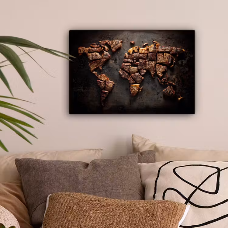 Wereldkaart - Gegrild vlees canvas 2cm klein -sfeer1