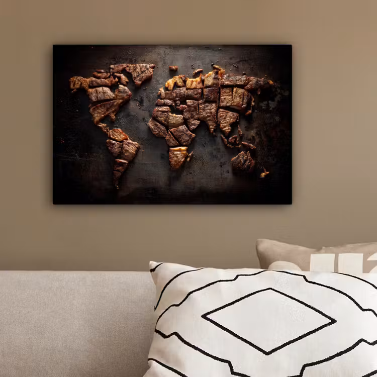 Wereldkaart - Gegrild vlees canvas 2cm klein -sfeer3