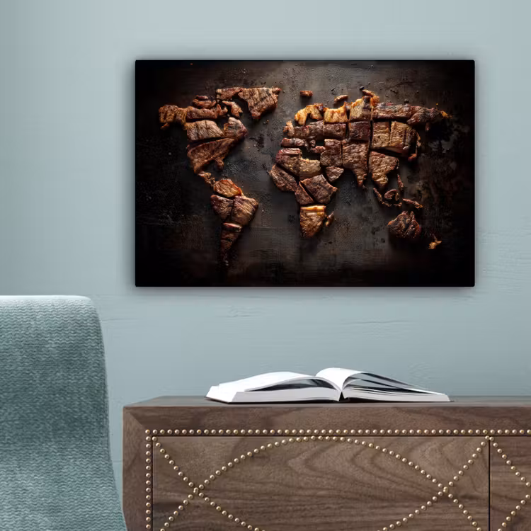 Wereldkaart - Gegrild vlees canvas 2cm klein -sfeer4