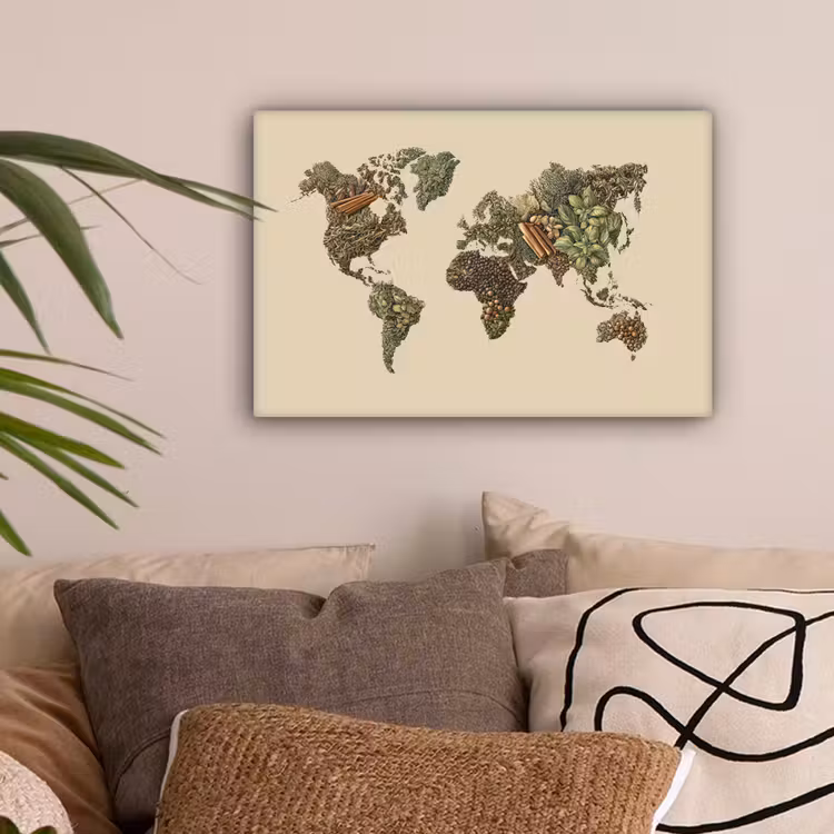 Wereldkaart - Kruiden - Kleurrijk canvas 2cm klein -sfeer1