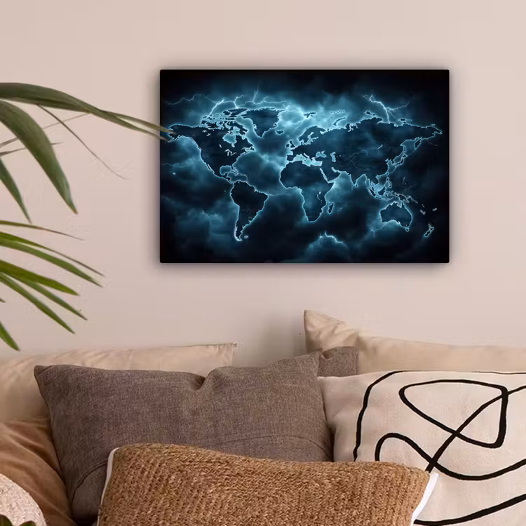 Wereldkaart - Bliksem - Blauw canvas 2cm klein -sfeer1
