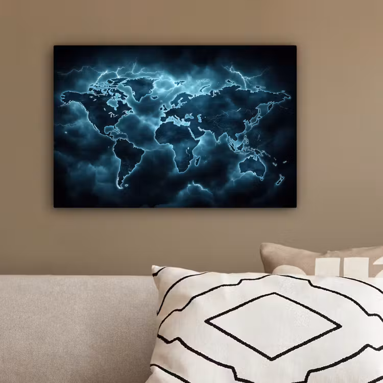 Wereldkaart - Bliksem - Blauw canvas 2cm klein -sfeer3