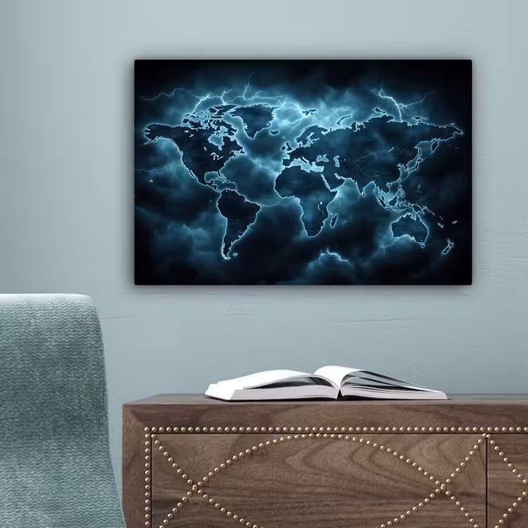 Wereldkaart - Bliksem - Blauw canvas 2cm klein -sfeer4