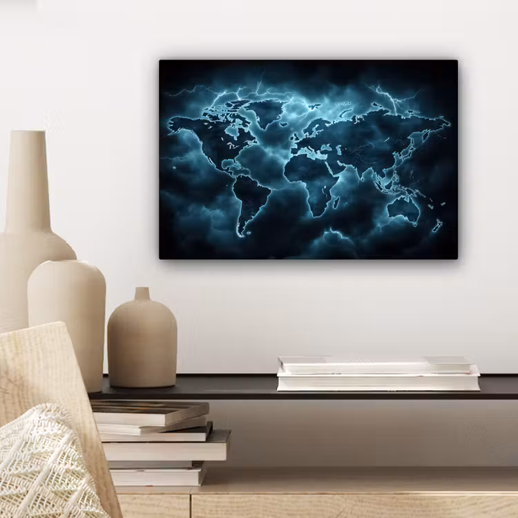 Wereldkaart - Bliksem - Blauw canvas 2cm klein -sfeer6