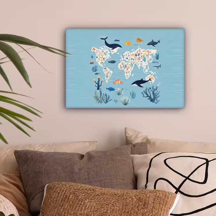 Wereldkaart - Zeeleven - Blauw canvas 2cm klein -sfeer1
