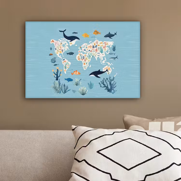 Wereldkaart - Zeeleven - Blauw canvas 2cm klein -sfeer3