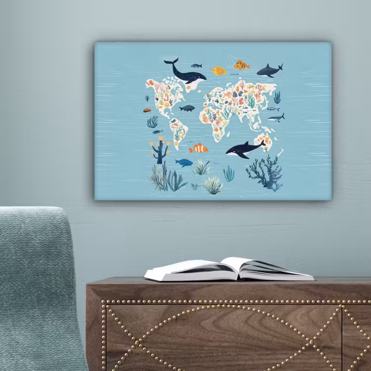 Wereldkaart - Zeeleven - Blauw canvas 2cm klein -sfeer4