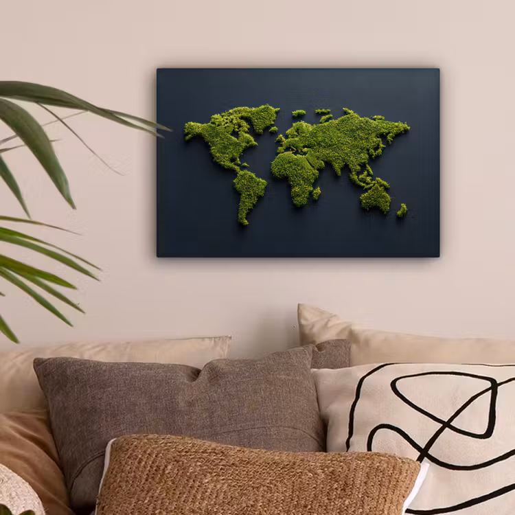 Wereldkaart - Mos -Levendig effect canvas 2cm klein -sfeer1