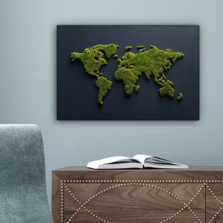 Wereldkaart - Mos -Levendig effect canvas 2cm klein -sfeer4