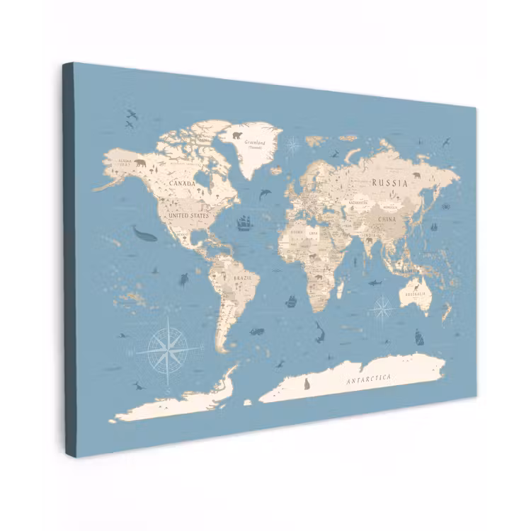 Wereldkaart - Oceaan - Realistisch - Blauw canvas 2cm klein -z3d