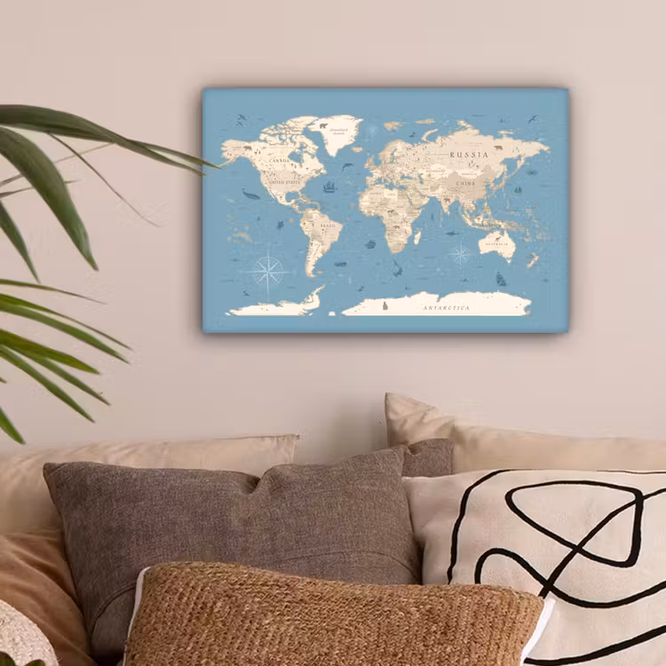 Wereldkaart - Oceaan - Realistisch - Blauw canvas 2cm klein -sfeer1