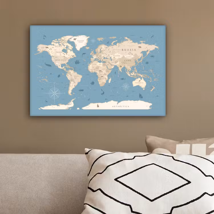 Wereldkaart - Oceaan - Realistisch - Blauw canvas 2cm klein -sfeer3