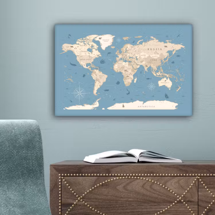 Wereldkaart - Oceaan - Realistisch - Blauw canvas 2cm klein -sfeer4