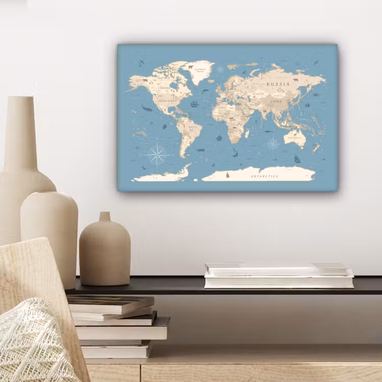 Wereldkaart - Oceaan - Realistisch - Blauw canvas 2cm klein -sfeer6