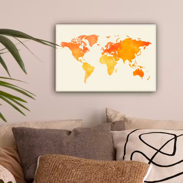 Wereldkaart - Oranje - Kleurrijk canvas 2cm klein -sfeer1