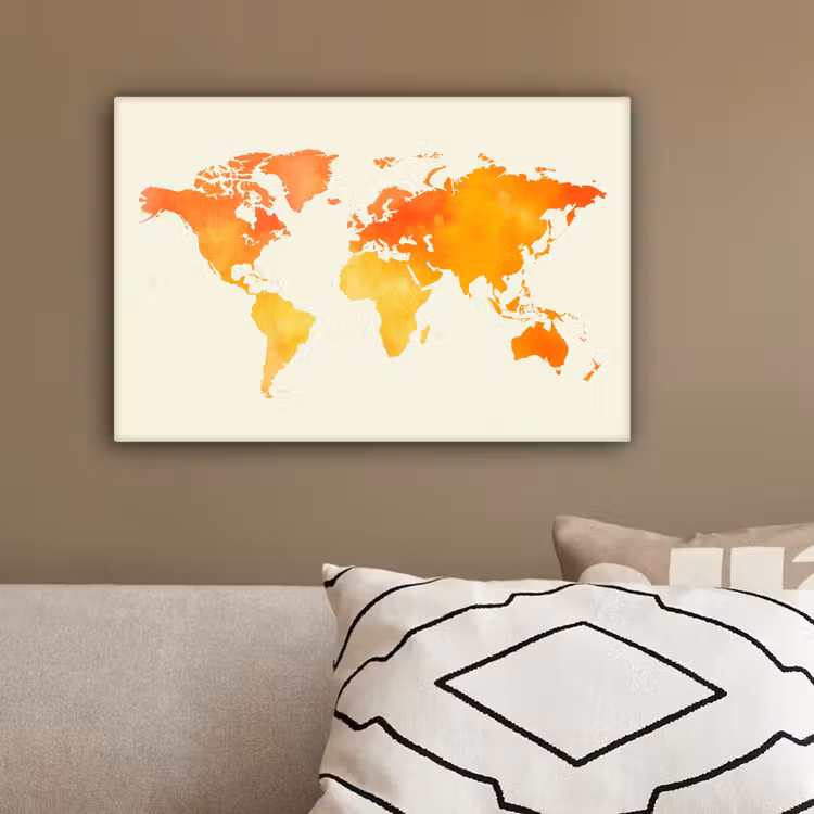 Wereldkaart - Oranje - Kleurrijk canvas 2cm klein -sfeer3