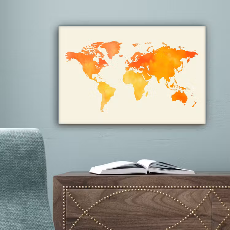 Wereldkaart - Oranje - Kleurrijk canvas 2cm klein -sfeer4