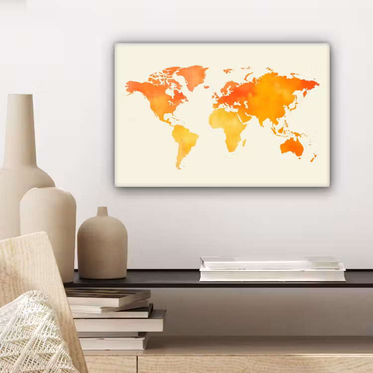 Wereldkaart - Oranje - Kleurrijk canvas 2cm klein -sfeer6