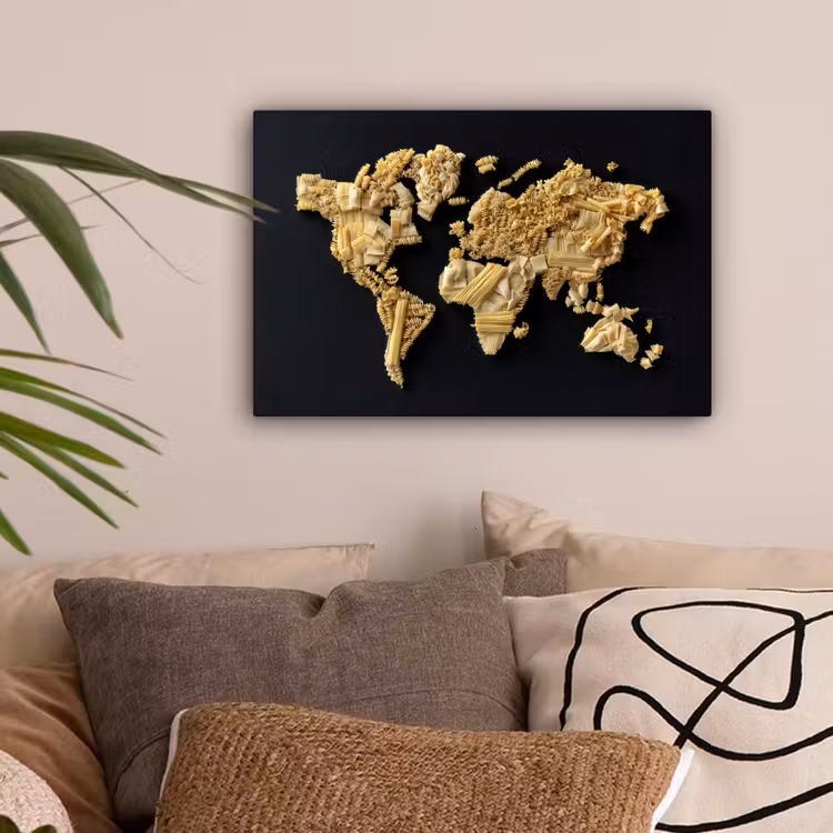 Wereldkaart - Pasta - Zwart canvas 2cm klein -sfeer1