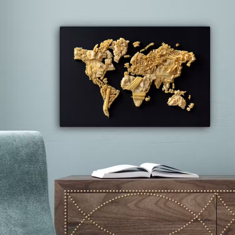 Wereldkaart - Pasta - Zwart canvas 2cm klein -sfeer4