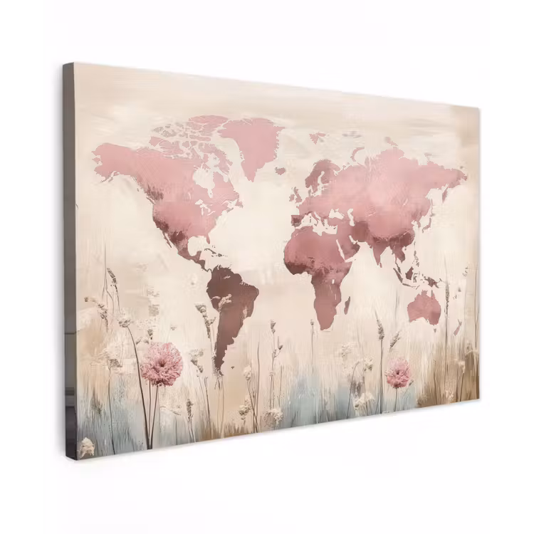 Wereldkaart - Roze - Bloemen canvas 2cm klein -z3d