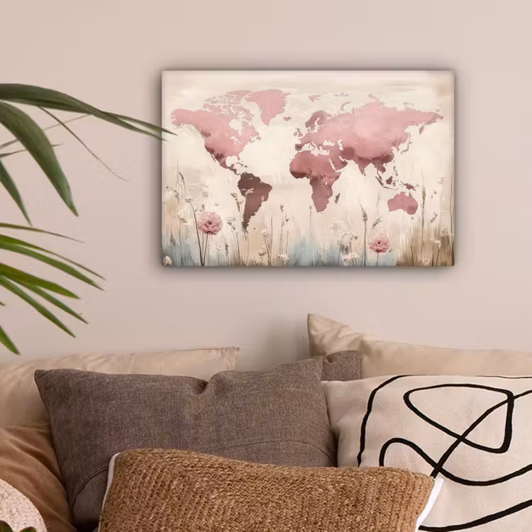 Wereldkaart - Roze - Bloemen canvas 2cm klein -sfeer1