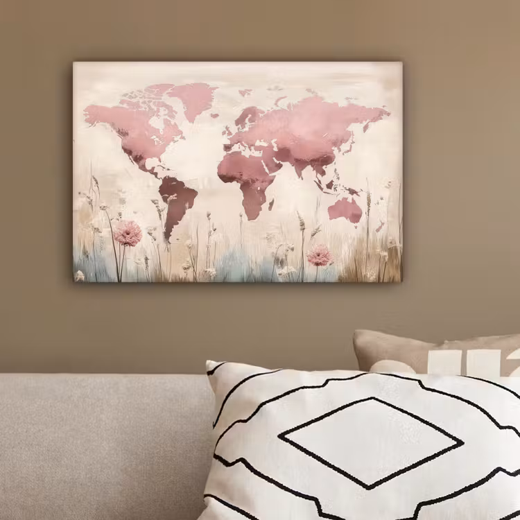 Wereldkaart - Roze - Bloemen canvas 2cm klein -sfeer3