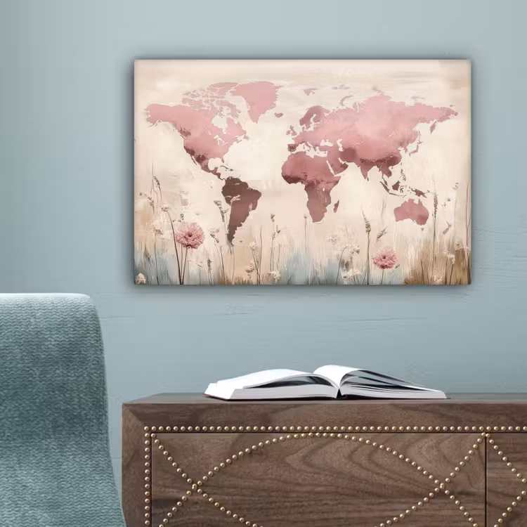 Wereldkaart - Roze - Bloemen canvas 2cm klein -sfeer4