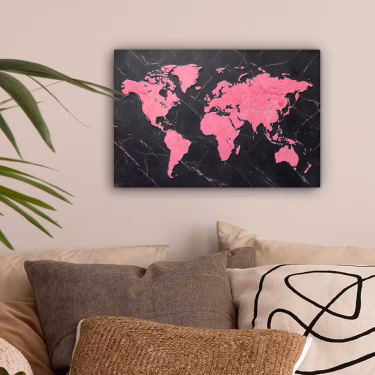 Wereldkaart - Roze - Marmer canvas 2cm klein -sfeer1