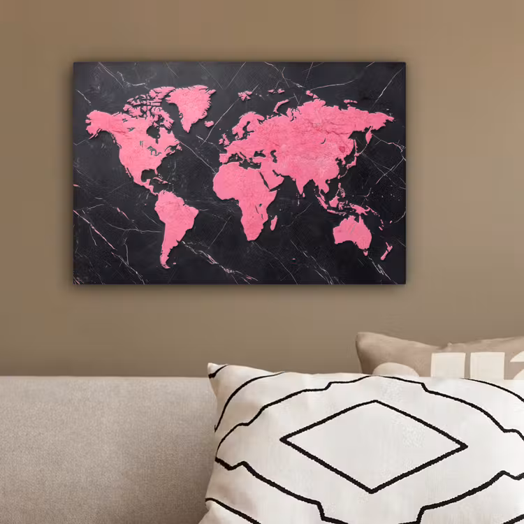 Wereldkaart - Roze - Marmer canvas 2cm klein -sfeer3