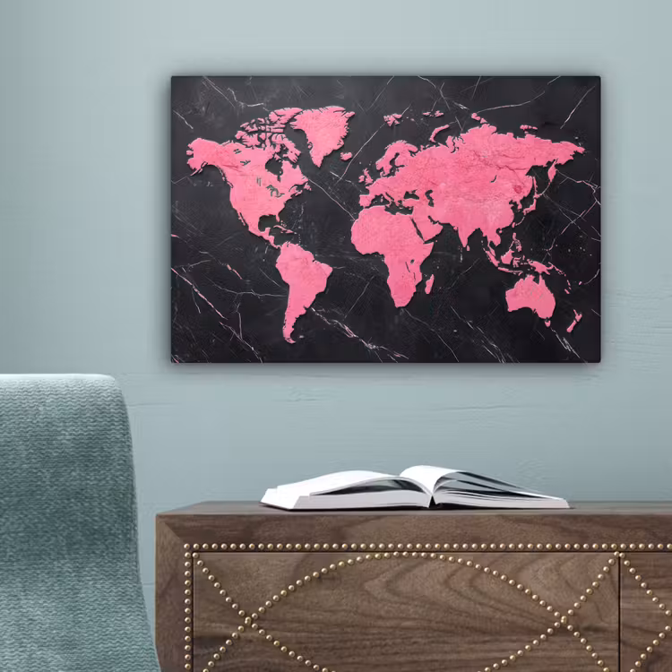 Wereldkaart - Roze - Marmer canvas 2cm klein -sfeer4
